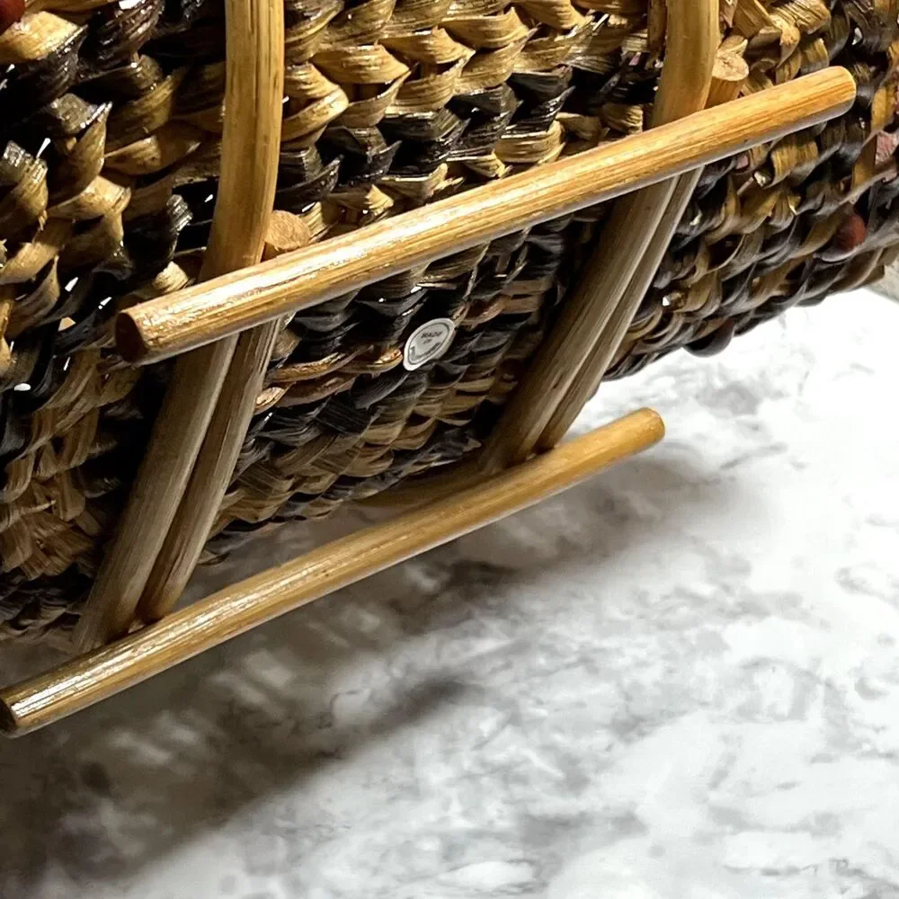Vintage Gathering Basket With Wooden Beads | Wicker Magazine RacK | Towel Basket